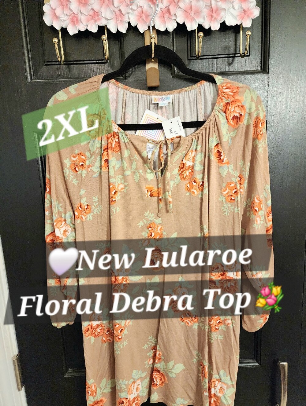 LuLaRoe Debra Top Blouse Shirt Tan with Floral Print 2XL 2x Xxl Plus New